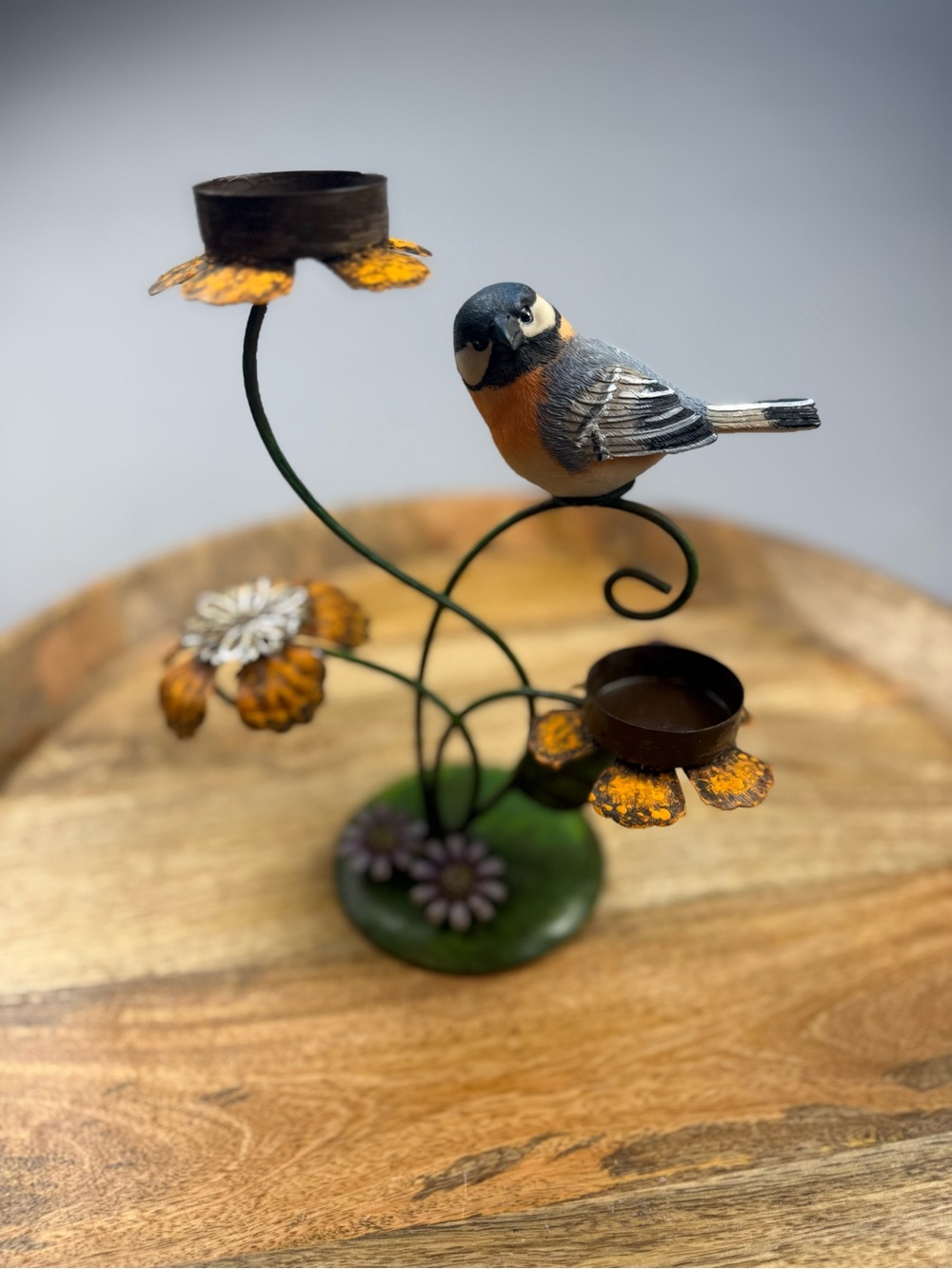 Robin Bird Floral Tealight Candle Holder Cottagecore Garden Decor